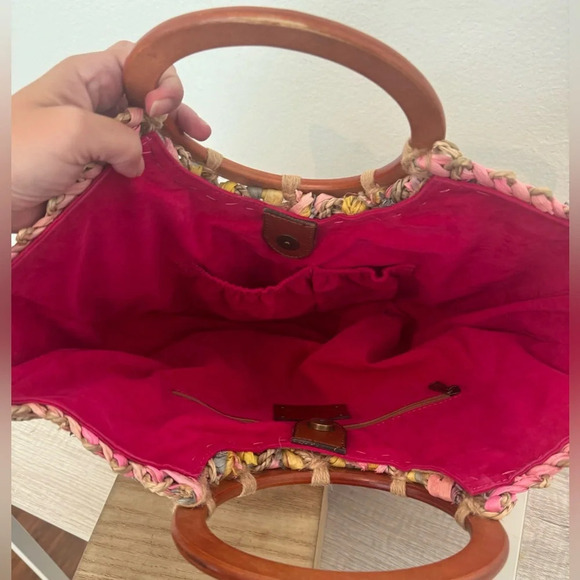 PATRICIA NASH Lesa Multicolor Pastel Straw Bag Wood Ring Handle Boho NO STRAP - Picture 8 of 11